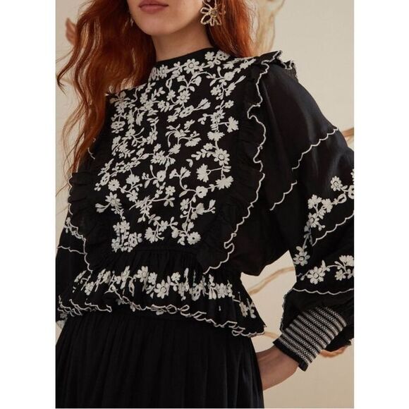 Farm Rio Women's Black White Embroidered Ruffle Long Sleeve Blouse Small NWOT - Picture 9 of 15